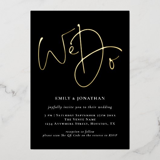 We Do Script Zwart QR Code Goud Echte Folie Bruilo Uitnodiging (Voorkant)