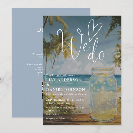We Do Strand Palm Boom Mason Jar QR Code Trouwfees Kaart (Voorkant / Achterkant)