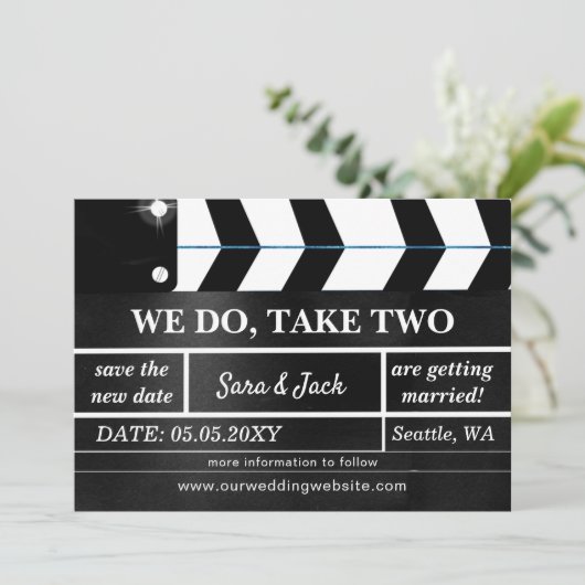 We Do Take Two Filmklapbord Huwelijk Uitgesteld Save The Date (Staand voorkant)
