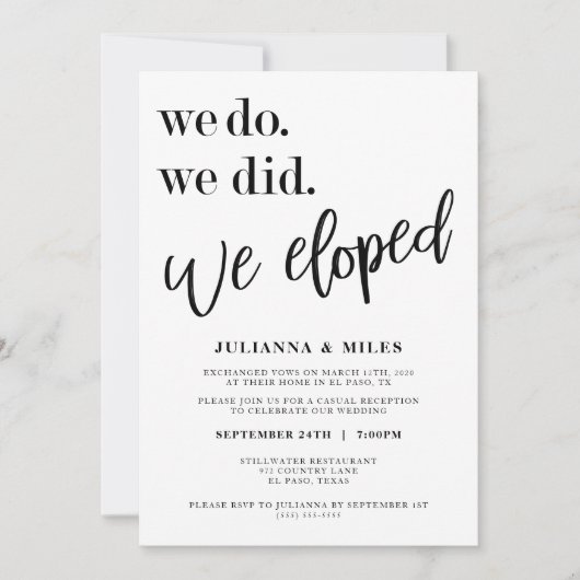 We Do We Did We Eloped Wedding Reception Uitnodigi Kaart (Voorkant)
