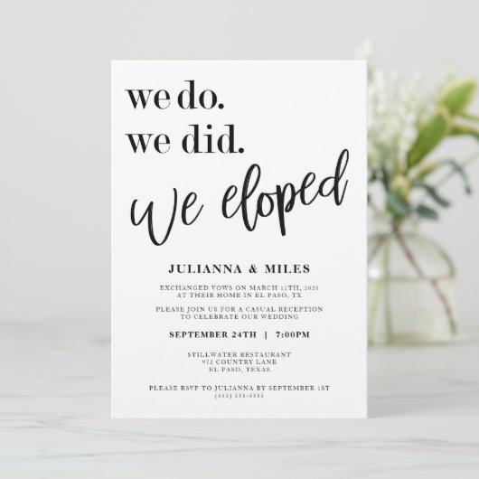 We Do We Did We Zijn Gevlucht Bruiloftsreceptie Kaart (Staand voorkant)