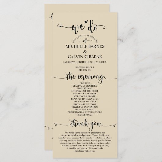 We Do Wedding programma kaart in rustiek beige the (Voorkant / Achterkant)