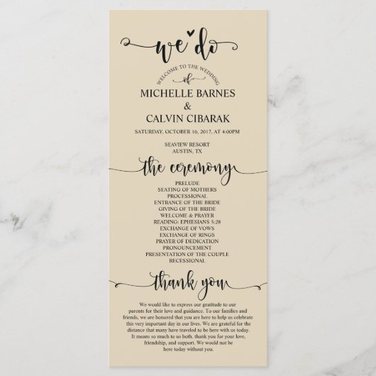 We Do Wedding programma kaart in rustiek beige the (Voorkant)
