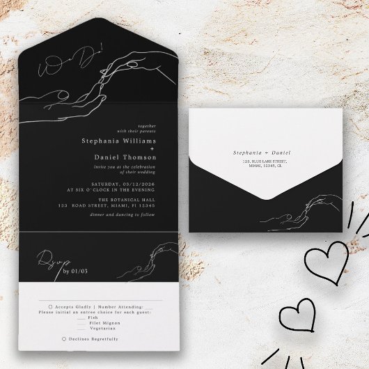 We Do Zwart en Wit Modern Trouwen All In One Uitnodiging