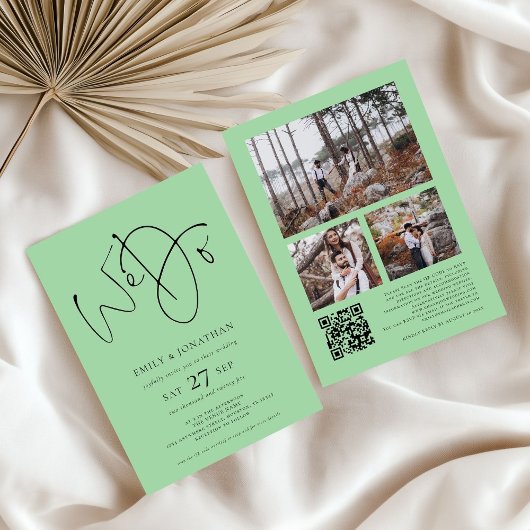 We doen 3 foto's QR Code Celadon Green Wedding Kaart