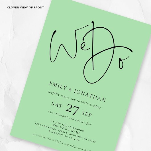 We doen 3 foto's QR Code Celadon Green Wedding Kaart