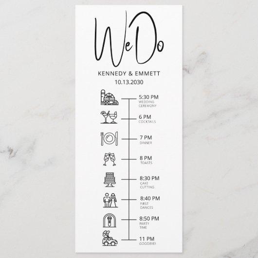 We doen Barn Wedding Day Timeline Flat-programma Programmakaart (Voorkant)