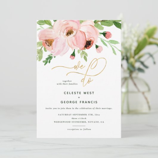 We doen bloemige waterverf en gouden bruiloft uit feestdagenkaart (Staand voorkant)