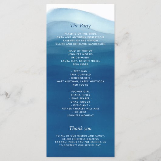 We doen Blue Ombre Waterverf Wave bruiloft Programmakaart (Achterkant)