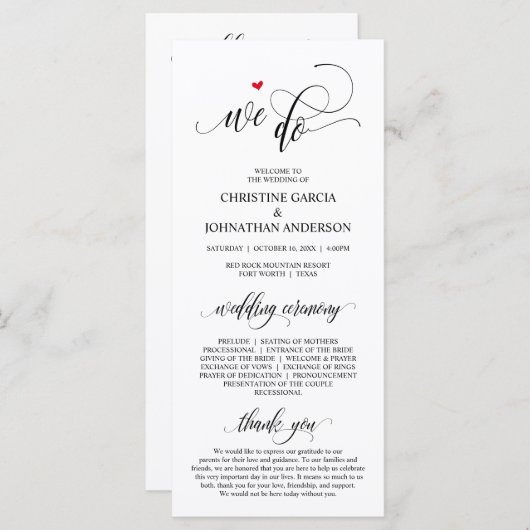 We doen dat, Modern Black Script, Wedding Ceremoni Programmakaart (Voorkant / Achterkant)
