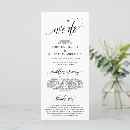 We doen dat, Modern Black Script, Wedding Ceremoni Programmakaart (Staand voorkant)