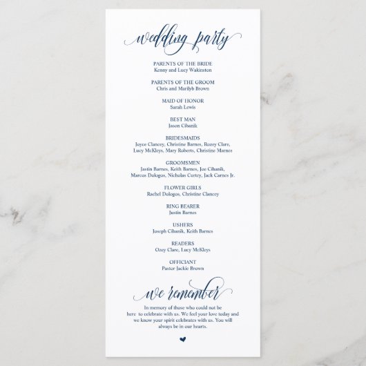 We doen dat, modern Navy Blue Script, bruiloft cer Programmakaart (Achterkant)