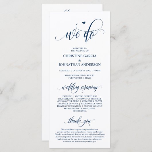 We doen dat, modern Navy Blue Script, bruiloft cer Programmakaart (Voorkant / Achterkant)