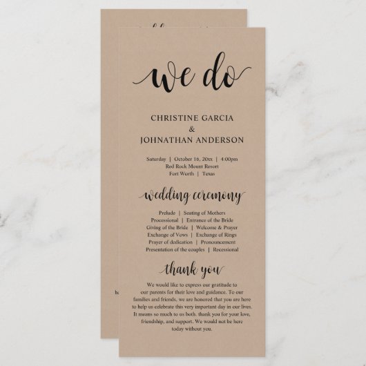 We doen dat, moderne bruiloft-ceremonie, bruine Kr Programmakaart (Voorkant / Achterkant)