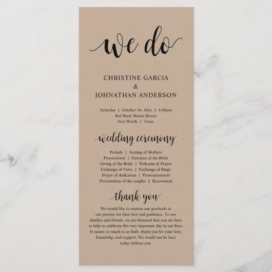 We doen dat, moderne bruiloft-ceremonie, bruine Kr Programmakaart (Voorkant)