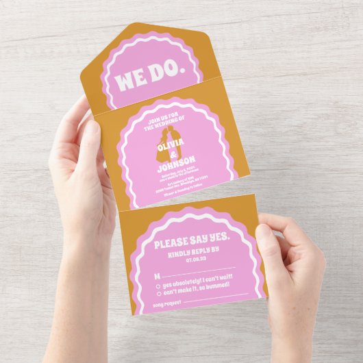 We doen een moderne, roze, roze, roodroze rotsstri all in one uitnodiging (Afscheurbaar)