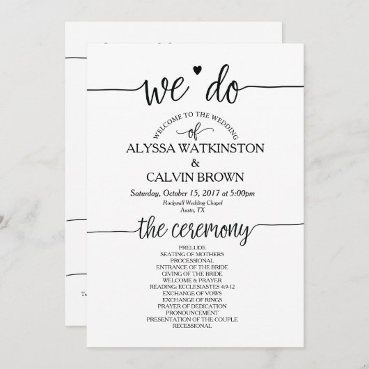 We doen een trouwprogrammakaart met een ontwerp va programmakaart (Voorkant / Achterkant)