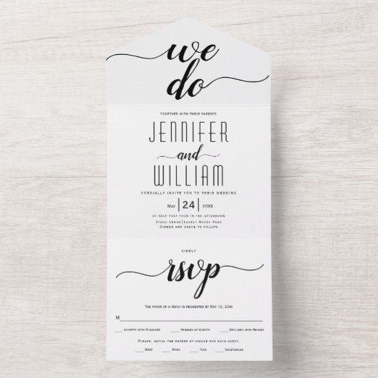 "We doen" elegant script calligrafie bruiloft All In One Uitnodiging (Binnen)