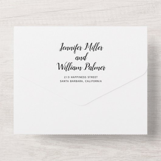 "We doen" elegant script calligrafie bruiloft All In One Uitnodiging (Achterkant)