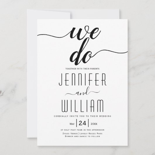 "We doen" elegant script calligrafie bruiloft Kaart (Voorkant)
