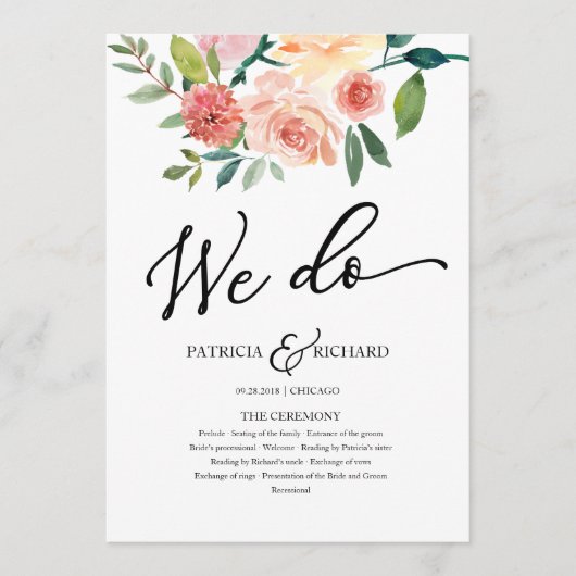 We doen Floral Waterverf bruiloft programma Programmakaart (Voorkant)