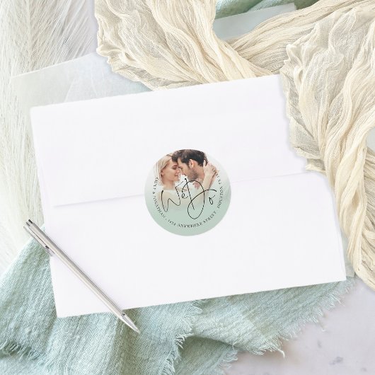 We doen foto retour adres Sage groene bruiloft Ronde Sticker