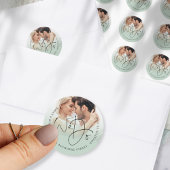 We doen foto retour adres Sage groene bruiloft Ronde Sticker