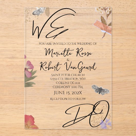 WE DOEN geperste bloemen Shabby Garden Chic bruilo Acryl Uitnodigingen (Voorkant)