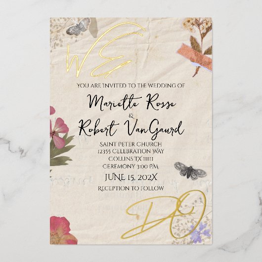 WE DOEN geperste bloemen Shabby Garden Chic bruilo Folie Uitnodiging (Voorkant)