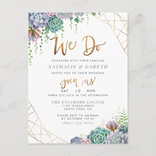 We doen Gold Glitter Script Cute Succulents Wedden Uitnodiging Briefkaart (Voorkant)