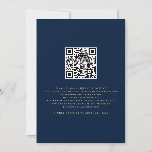 We doen Gold Script QR Code Navy Blue Wedding Invi Kaart (Achterkant)