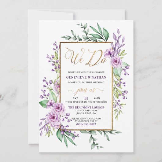 We doen gouden glitter script paarse bloemen bruil kaart (Voorkant)