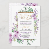 We doen gouden glitter script paarse bloemen bruil kaart (Voorkant / Achterkant)
