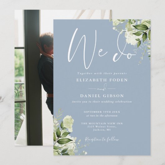 We doen groen Bloemen Foto Dusty Blue Wedding Kaart (Voorkant / Achterkant)