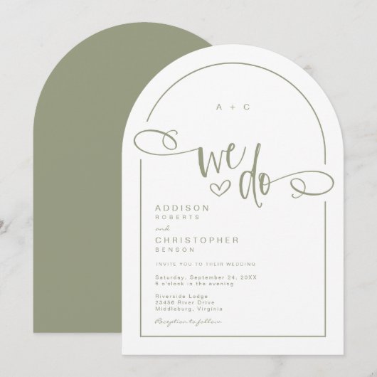 We doen Heart Sage Green Modern Script Wedding Kaart (Voorkant / Achterkant)