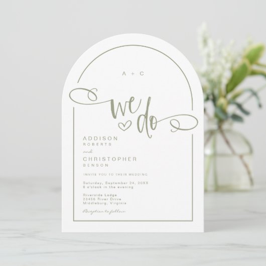 We doen Heart Sage Green Modern Script Wedding Kaart (Staand voorkant)