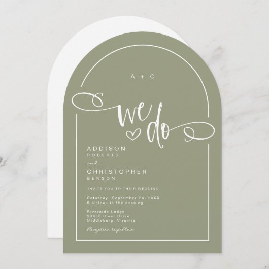 We doen Heart Sage Green Modern Script Wedding Kaart (Voorkant / Achterkant)
