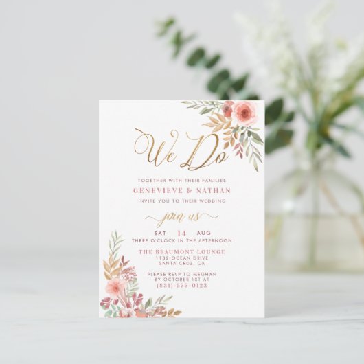 We doen het | Elegant Gold Script & Sweet Rozen We Uitnodiging Briefkaart (Staand voorkant)