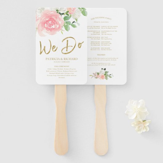 We doen het roze Blush Rozen Floral Gold Wedding P Handwaaier (Voorkant en achterkant)
