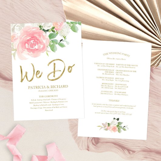 We doen het roze Blush Rozen Floral Gold Wedding P Programmakaart