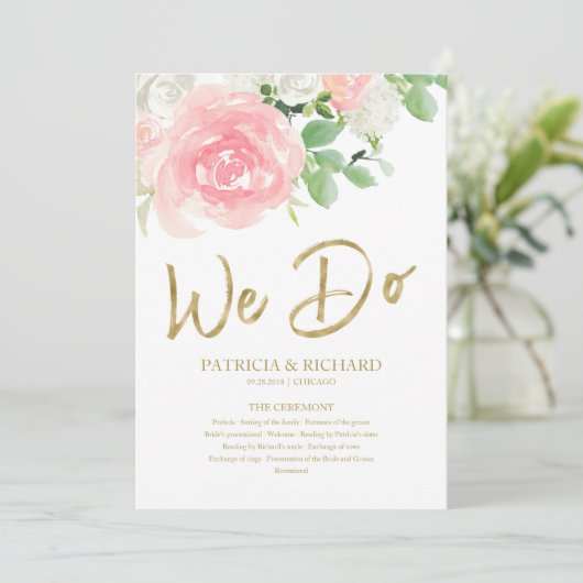 We doen het roze Blush Rozen Floral Gold Wedding P Programmakaart (Staand voorkant)