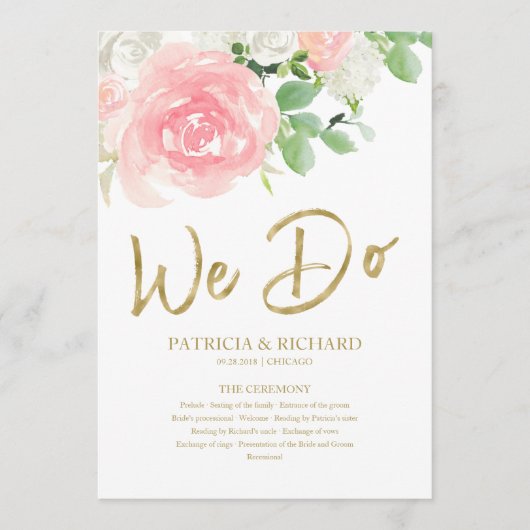 We doen het roze Blush Rozen Floral Gold Wedding P Programmakaart (Voorkant)