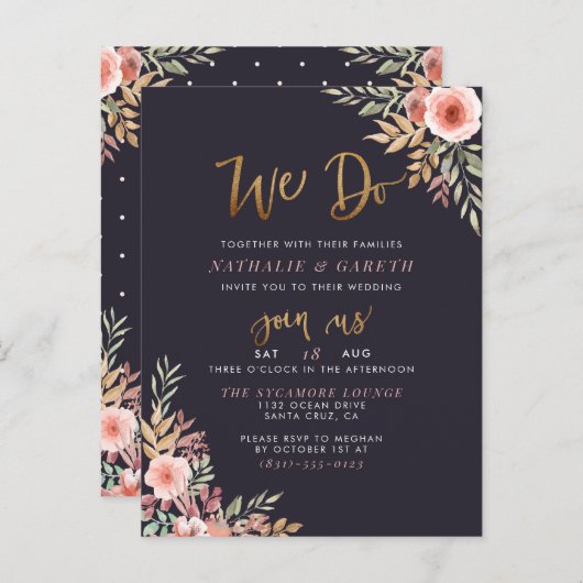 We doen het | Waterverf Rozen en modern Script Wed Uitnodiging Briefkaart (Voorkant / Achterkant)