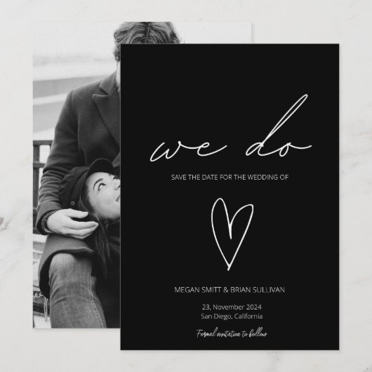 We doen minimalistische zwart wit hart foto save the date (Voorkant / Achterkant)