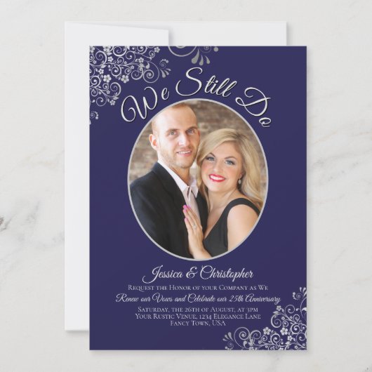 We doen nog steeds marinenblauw en zilveren bruilo kaart (Voorkant)