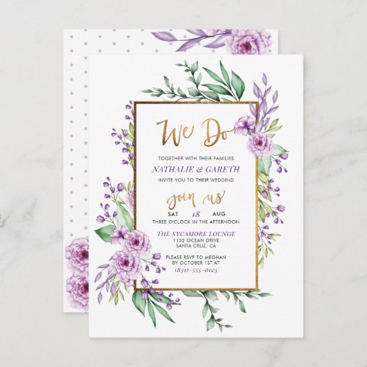 We doen pastel Paarse & gouden glitter script brui Uitnodiging Briefkaart (Voorkant / Achterkant)