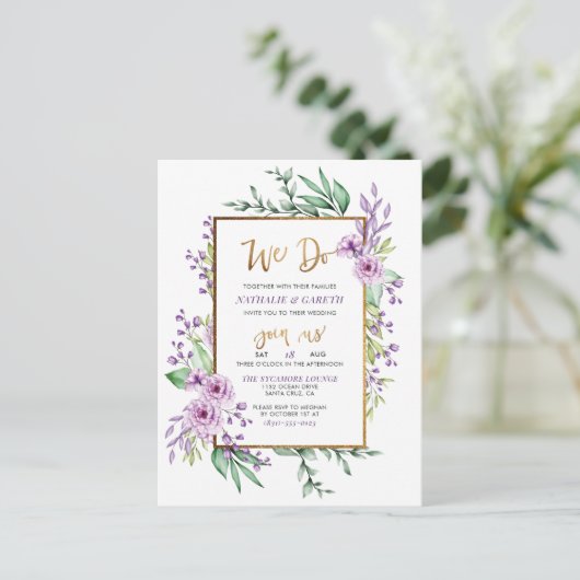 We doen pastel Paarse & gouden glitter script brui Uitnodiging Briefkaart (Staand voorkant)