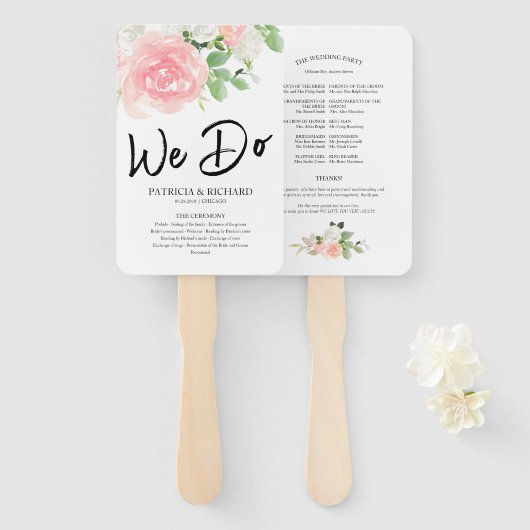 We doen Pink Blush Rozen Floral Wedding Program Handwaaier (Voorkant en achterkant)