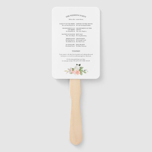 We doen Pink Blush Rozen Floral Wedding Program Handwaaier (Achterkant)
