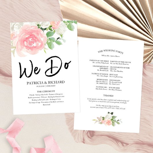 We doen Pink Blush Rozen Floral Wedding Program Programmakaart